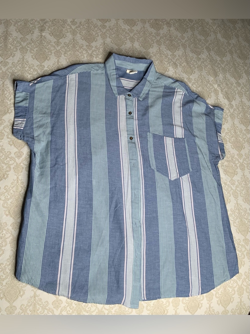 A.N.A Striped Button Down Blouse Short Sleeve XL Front Pocket - Picture 9 of 11